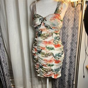 Fashion Nova Tropical Print Ruched Mini Dress